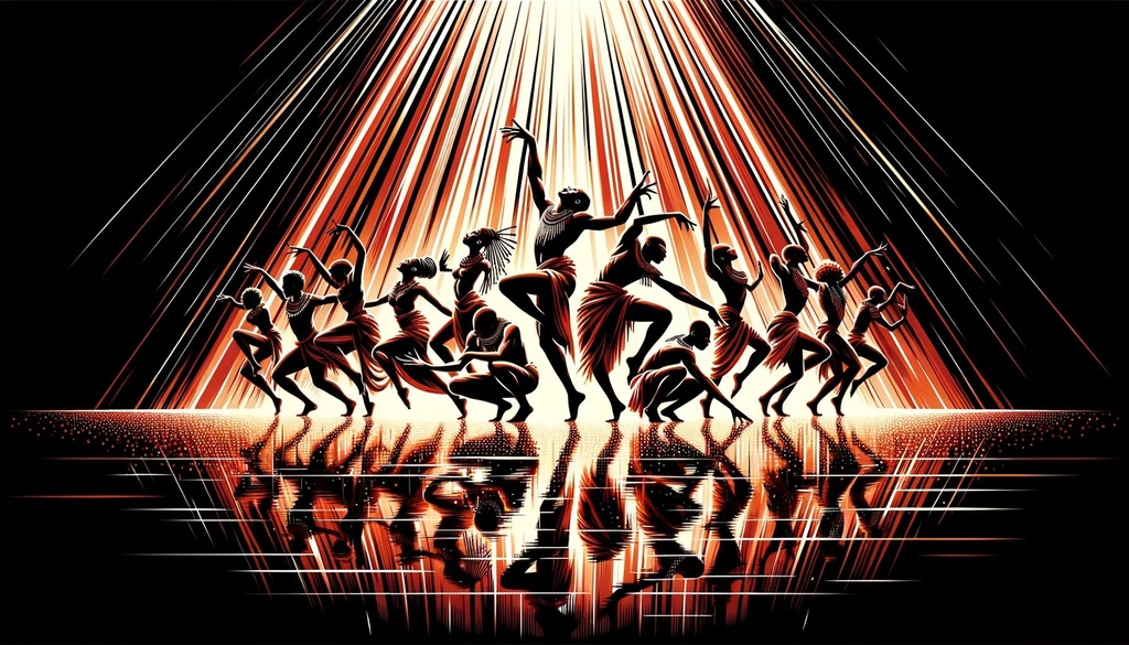 Prompt: Wide vector art showcasing a group of dancers, their postures and attire heavily influenced by African culture. They are rendered in a striking black and orange contrast, with the scene being lit by sunrays that produce glittering water reflections. The overall style and mood draw inspiration from notable artists, and the color scheme is dominated by deep reds and amber.