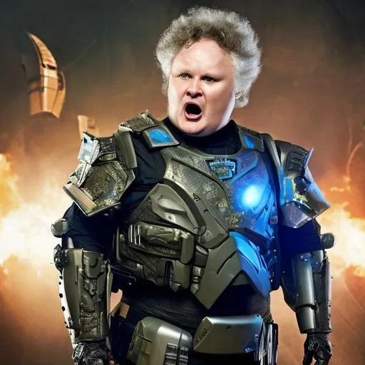 Prompt: A 28 year old Colin Baker shouting angrily wearing an armored futuristic scifi military uniform and holding an advanced exotic shotgun