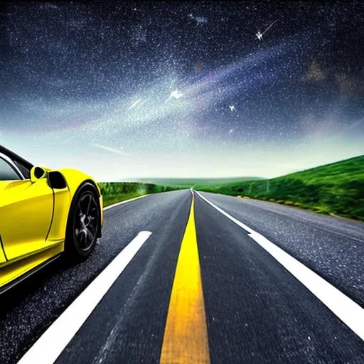 Prompt: a picture of sports car from back  going  to heaven on a road with shining stars