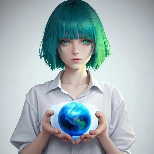 Prompt: Blue and green hair, cute woman, baggy white shirt, holding a planet, both hands holding, looking at hands, best quality, high quality, 64k, high res, focus, no backround, half hair green, half hair blue