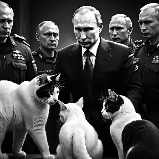 Prompt: Putin's arrest by black and white cats, digital illustration, dramatic lighting, tense atmosphere, realistic depiction, high quality, detailed facial expressions, intense confrontation, political tension, dark and moody tones, highres, dramatic lighting, digital illustration, intense expressions, political theme, realistic style, tense atmosphere