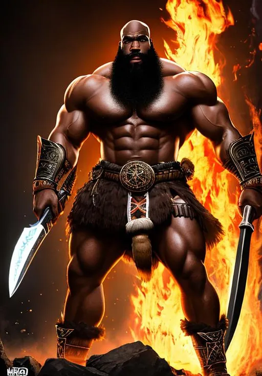 Prompt: UHD, , 8k, high quality, poster art, (( Aleksi Briclot art style)), Kimbo Slice, hyper realism, Very detailed, full body, muscular, view of a young man, no shirt, beard, Barbarian, tribal tattoo, black hair, dark eyes, giant battle axe, brown skin. black leather armor, mythical, ultra high resolution, light and shading in 8k, ultra defined. 