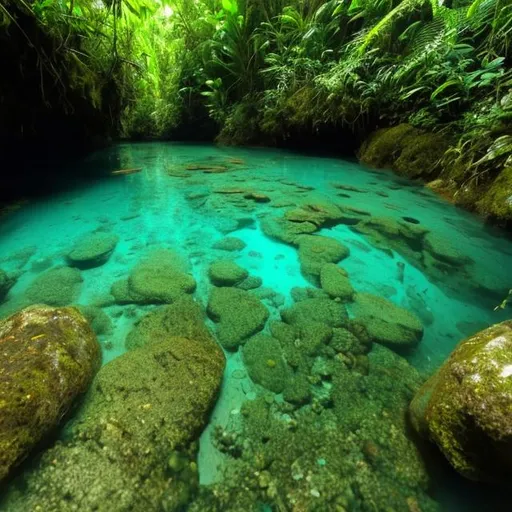 Prompt: Transparent, clean & crystal clear river in the rain forest, Amazing and beautiful view. Extremely high resolution details