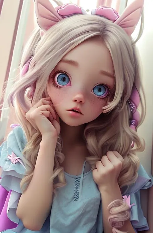 Prompt: pretty little girl, anime, cartoon, funny, pretty, violet dress, long blonde hair, pink bows, bright blue eyes, long eyelashes, full body, pink tennis shoes, fairy ears