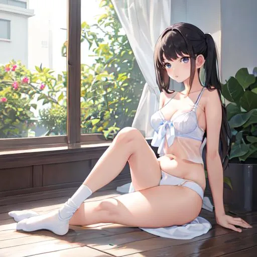 Prompt: sitting girl with white undies full body