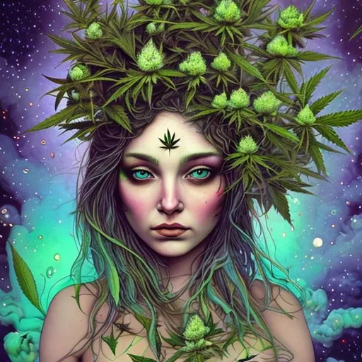 Prompt: A woman with marijuana flowers on her body, holding a mushroom, with eyes the color of the universe and an activated pineal gland