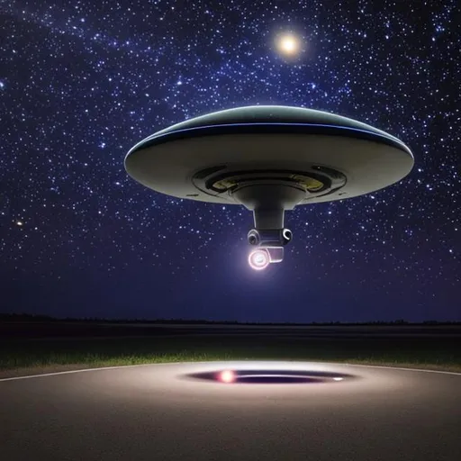 Prompt: UFO hovers over parked car at night with little rainbow black holes on the bottom side