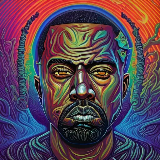 Prompt: Hypnotic distorded illustration of kanye west, hypnotic chaotic satanic psychedelic art, pop surrealism, dark glow bright paint, mystical, Behance