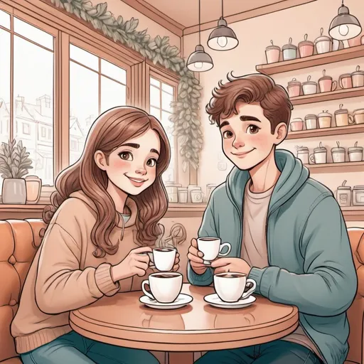 Prompt: Coloring page of a cozy cafe scene, cute boy and girl enjoying coffee, detailed characters, warm and inviting atmosphere, hand-drawn style, pastel colors, cheerful facial expressions, cozy lighting, coloring page quality, cute, cozy cafe, detailed characters, warm colors, hand-drawn, pastel tones, inviting atmosphere, coloring page quality, cheerful expressions, cozy lighting