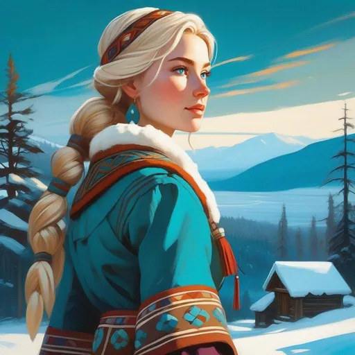 Prompt: Third person, gameplay, ancient Saami girl, pale skin, freckles, blonde hair, teal eyes, blue atmosphere, snow, cartoony style, extremely detailed painting by Greg Rutkowski and by Henry Justice Ford and by Steve Henderson 