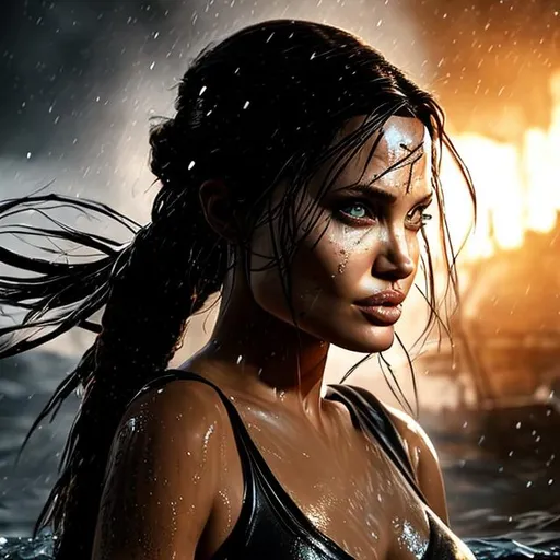 Prompt: beautiful centered Fine art photo Face portrait of Angelina Jolie as a Lara Croft woman from Tomb Raider Videogame, treading on water, wear her wet outfit in every parts with two pistols, photorealistic, waterfall and jungle background, highly detailed and intricate, sunset lighting, HDR 8k