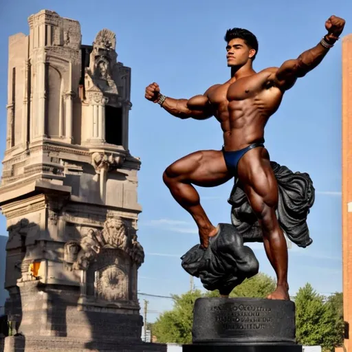 Prompt: 50-foot tall shirtless superhuman teenage Latin bodybuilder fills town