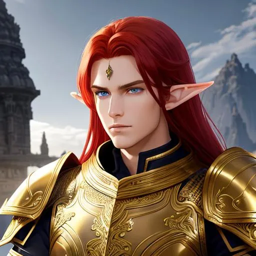 Prompt: 64K, centered position Full body of adult male, paladin, perfect eyes, long red hair, elf ears, green eyes, slight stubble on face, symmetrical, lighting, detailed face, concept art, digital painting, looking into camera, slight smile, heavenly full plate armor, intricate white and gold pattern on armor, small white horns on forehead, holding a bastard sword in right hand, #3238, UHD, hd , 8k eyes, detailed face, big anime dreamy eyes, 8k eyes, intricate details, insanely detailed, masterpiece, cinematic lighting, 8k, complementary colors, golden ratio, octane render, volumetric lighting, unreal 5, artwork, concept art, cover, top model, light on hair colorful glamourous hyperdetailed medieval city background, intricate hyperdetailed breathtaking colorful glamorous scenic view landscape, ultra-fine details, hyper-focused, deep colors, dramatic lighting, ambient lighting god rayscolorful ambient, colorfull, HDR, 64K