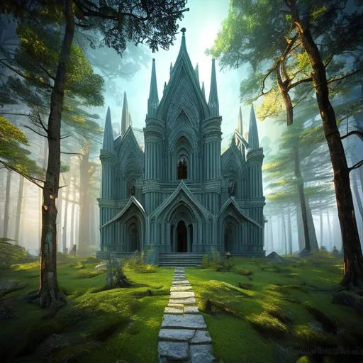 Prompt: HD, 4K, 3D, Stunning, magic, cinematic camera, two-point perspective, gothic temple ruin in the forest, no ceiling, no floor, gothic arch, ancient trees, sunstrails, magical night