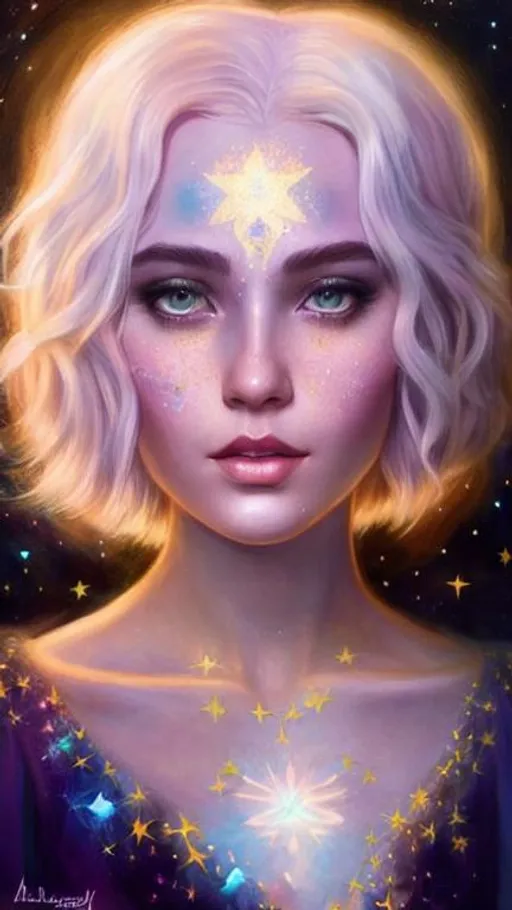 Prompt: A very beautiful woman with hair made of glowing clouds illuminated by the moonlight, freckles shaped as Golden stars, artistic makeup with a metallic iridescent pallette, art by Tom Bagshaw, artgerm, ilya kuvshinov,  Huang Guangjian, Josephine Wall, WLOP, art by Laura Hollingsworth, Andrew Atroshenko, 4k, pretty visuals, aesthetic, artstation, unreal engine, shadow effect, insanely detailed and intricate, highly detailed, shooting stars, iridescent effect to the white clouds.