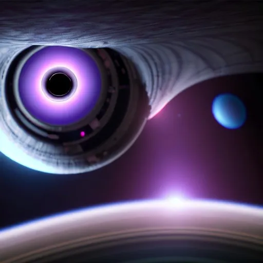 Prompt:  a black hole seen from a window of a spaceship with a cat and a woman sitting near the window of the spaceship, realistic anime style drawing, the black hole send out a brigth but also dark purple collor, there are planet near the black hole, the point of view is a camera with 8k resolution that is haning in the cornor of the room 