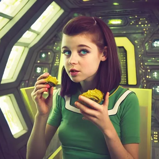 Prompt: pretty girl eating pickles on spaceship

