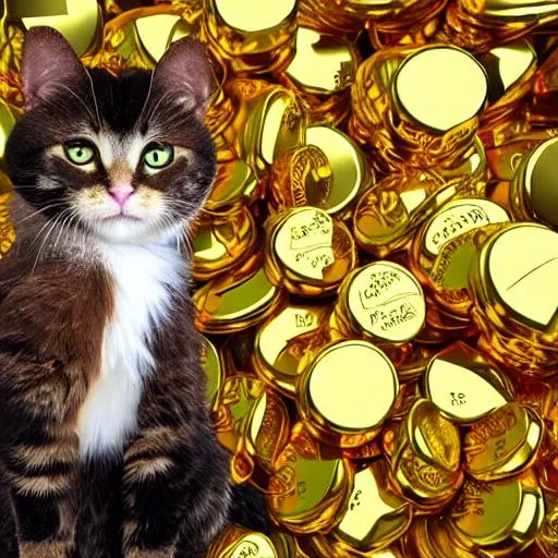 Prompt: Billionaire cat with tons of gold