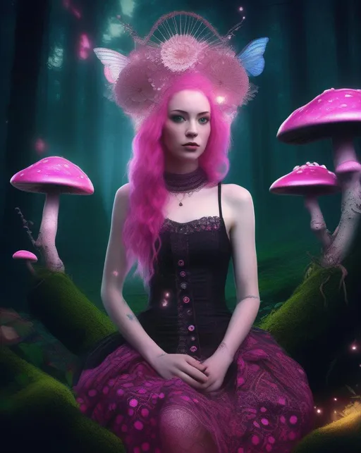 Prompt: A fantasy portrait of a girl with pale skin and vivid pink hair adorned with an ornate lace headdress against a dark magical forest backdrop, illuminated by glowing mushrooms and fireflies, wearing a dress of antique fabrics with a keyboard synthesizer built into the voluminous skirt, visualized in an imaginative dream punk aesthetic using lush painterly digital editing