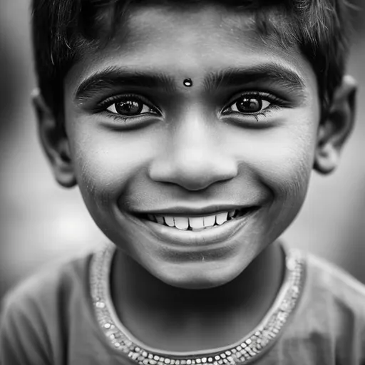 Prompt: artwork capturing the beauty and radiance of a close-up shot of a smiling Indian boy. The artwork should focus on his face, emphasizing her stunning features and expressive smile. Portray her with grace, confidence, and a sense of inner joy. Pay attention to intricate details such as her eyes, lips, and facial adornments, highlighting the cultural significance and individuality. Use a vibrant color palette that complements her skin tone and showcases her natural beauty. Surround her with elements that evoke the spirit of India, such as subtle patterns, traditional fabrics, or hints of nature. The artwork should exude positivity, empowerment, and celebrate the diversity and beauty of Tamil boy.