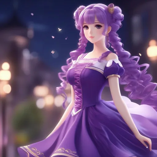 Prompt: 3d anime woman purple long curly pigtails hair and victoruab dress and beautiful pretty art 4k full HD