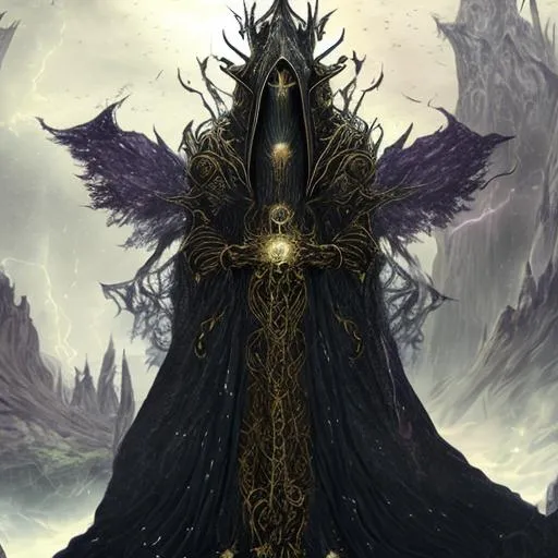Prompt: Zeraphil manifests as a towering figure shrouded in an ornate, flowing cloak that seems to be woven from the essence of shadow and starlight. Their face is hidden beneath a featureless mask, symbolizing the unknowable nature of the domains they govern. Radiant eyes gleam through the mask, flickering with the wisdom of ages.