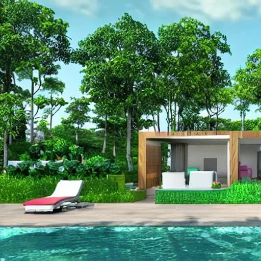 Prompt: a house with smart landscape many plants and trees, swimming pool and a table set, 3d design