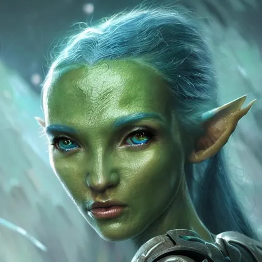 Prompt: Ultra Photo Realistic, Very Detailed, female elf alien, blue-green skin, very detailed eyes, hd, high definition, 8k resolution, art station, by justing gerard and greg rutkowski, digital art, Space ship and stars background