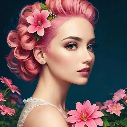 Prompt: a beautiful woman , lots of pretty pink flowers, pink hair