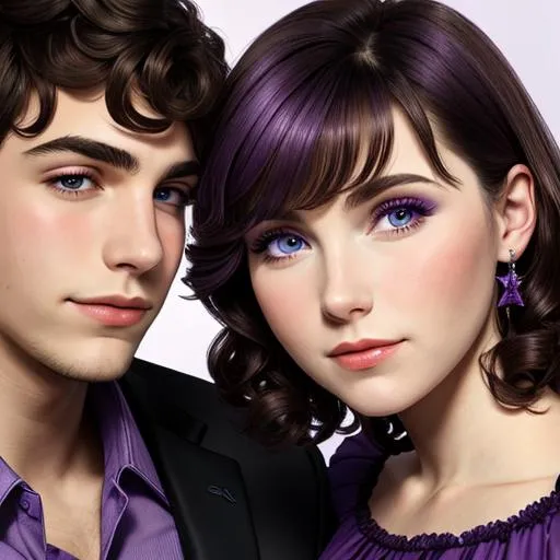 Prompt: Woman wearing a purple dress,  with a young man with dark hair, facial closeup