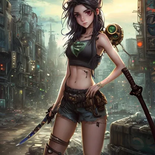Prompt: 4k high resolution cgi anime steampunk style, petite central american brunette female, pretty face, green eyes, high cheek bones, smirk on lips, dark green bikini top, low slung cargo shorts, lightly tanned muscular body with minor cuts and bruises, carrying a torn teddy bear, holding a katana sword in her hand, post apocalyptic city skyline in background, large blue moon in the sky, 