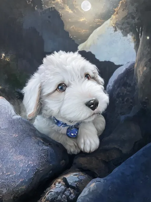 Prompt: oil painting, UHD, hd , 8k, panned out view, full character in view, very detailed, fantasy, soft lighting, adorable puppy, its eyes are blue and brown, it is fluffy and soft, it looks very loyal, behind it is a field,  the moon bathes it in light, it is night out.