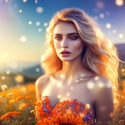 Prompt: HD 4k 3D 8k professional modeling photo hyper realistic beautiful leader woman ethereal greek goddess of the dawn
blonde hair light brown eyes gorgeous face fair skin shimmering yellow orange pink dress with gems jewelry and tiara full body surrounded by magical glowing light hd landscape background greek countryside sunrise with vibrant wildflowers and birds