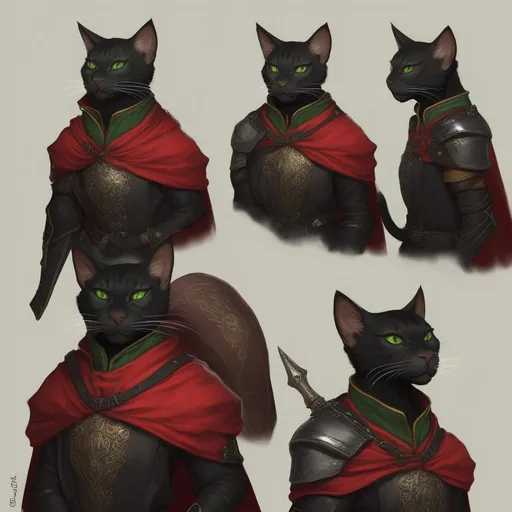 Prompt: DND a black male tabaxi with green eyes wearing black leather armor with a red cloak