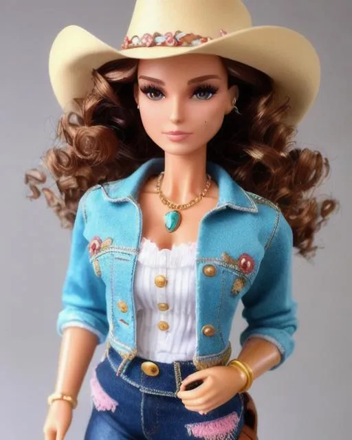 Prompt: upper body, walking pose, slow motion, close up, anatomical cinematic photo of a beautiful cowgirl barbie doll, mix of natalie portman and kerry washington, wavy hair, segmented model, mattel barbie aesthetic, made of plastic, segmented doll, wearing a denim jacket, wearing cowgirl clothes, designer clothes, sheer cotton, steel accent, push up blouse, ultra detailed, light particle, detailed plastic skin, studio lighting 