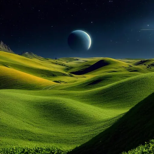 Prompt: a beautiful vista of rolling hills and alien plants, with one mobile home, in the style of Star Trek. {Star Trek: The Next Generation}