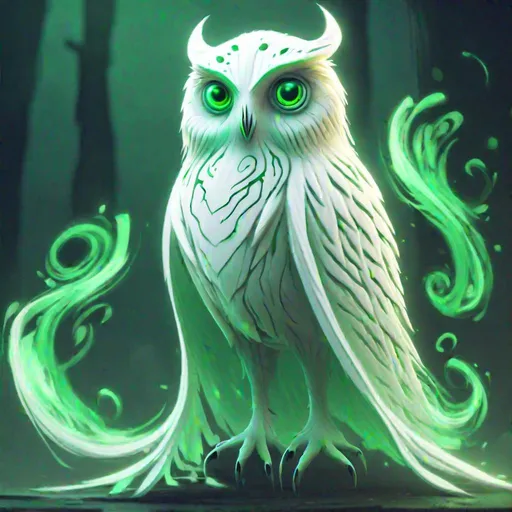 Prompt: Bipedal creature resembling a ghostly white owl, two big green eyes, green ghostly swirls all around , masterpiece, Character Design art. Concept Art. Digital Art. 4k HD. Trending on artstation. 