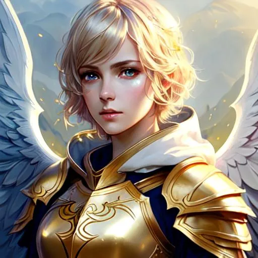 Prompt: paladin, armor, short hair, caplet and hood, female, Aasimar, holy, golden eyes, ethereal, angel wings, tattoo on cheek, UHD, 8K, high fantasy, (((art by Agnes Cecile))), 