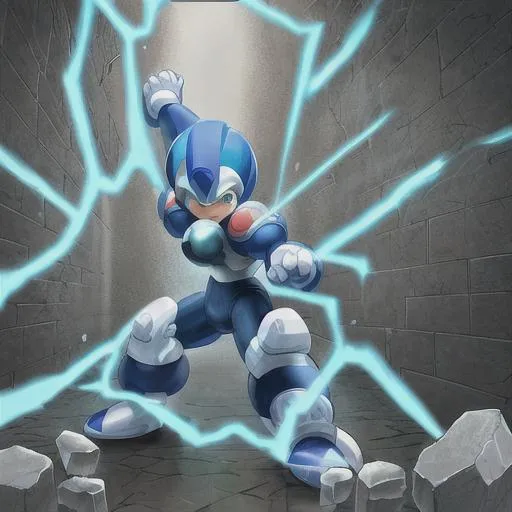 Prompt: Mega man breaking through a wall