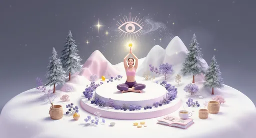 Prompt: A 3D isometric miniature wellness scene on a clean white background, centered on a peaceful character doing gentle eye yoga on a round platform surrounded by natural wellness elements. The platform is encircled with small bilberry plants bearing dark blue berries, a lutein capsule with a golden glow, and a sparkling eye icon floating above. The environment features miniature pine trees, cool mist, and distant low mountains symbolizing Finland’s clean nature. Other lifestyle elements include a wooden sauna bucket, a steaming herbal tea cup, and a book titled “Eye Care Routine.” The design is pastel-toned, soft-edged, calm, and modern, with soft shadows and realistic lighting – ideal for a premium eye health supplement branding.
