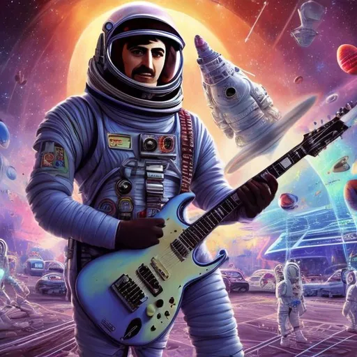 Prompt: Assyrian Astronaut playing a double-necked Guitar for spare change in a busy alien mall, widescreen, infinity vanishing point, galaxy background, surprise easter egg