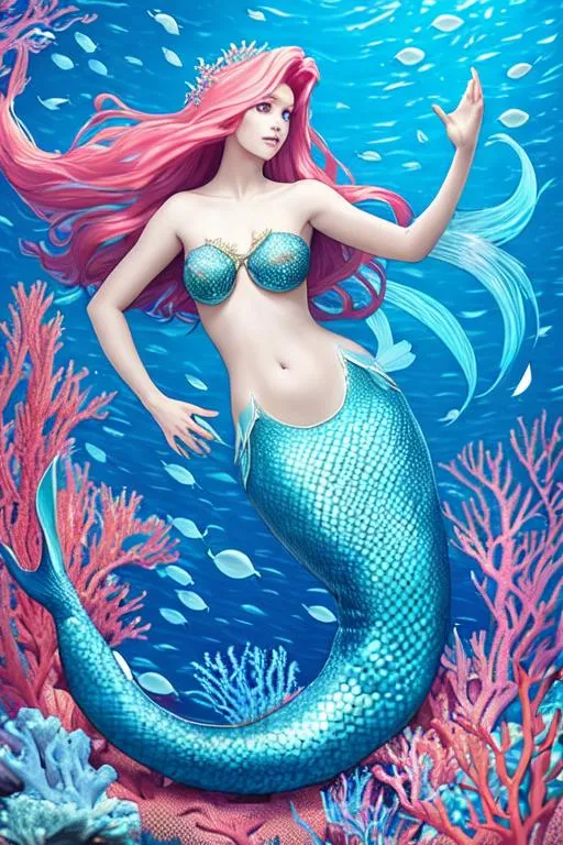 Prompt: A beautiful mermaid with long, flowing hair and a tail of blue scales, swimming in a coral reef.