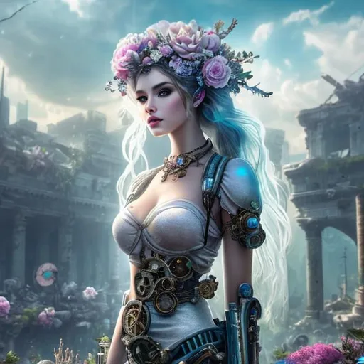 Prompt: a beautiful floating ethereal  woman goddess with a beautiful face, steampunk style, floating in an ethereal sea of dreams among the ruins of an abandoned, post apocalyptic futuristic city, surrounded by flowers and vegetation, HD, 8k, High resolution, centered