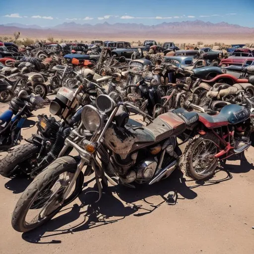 motorcycle salvage yard in the desert