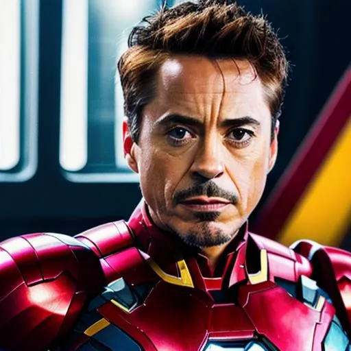 Prompt: Prompt:
"Generate a realistic photo of Robert Downey Jr. as Iron Man as if it was taken on a Nikon D6 camera.

Description:
Robert Downey Jr. is a celebrated actor known for his iconic portrayal of Iron Man in the Marvel Cinematic Universe. Please create an image that captures him in the Iron Man suit, striking a heroic pose. The photo should look like it was taken in a high-tech lab or a scene reminiscent of the Iron Man movies.

Camera Settings (Nikon D6):
- Camera Model: Nikon D6
- Lens: Use a wide-angle lens to capture the entire Iron Man suit and emphasize the futuristic environment.
- Aperture: Choose a moderate aperture setting (e.g., f/5.6 or f/8) to ensure the Iron Man suit and background are in focus.
- ISO: Use a moderate ISO setting (e.g., ISO 400) to balance image brightness and reduce noise.
- Shutter Speed: Set the shutter speed accordingly to the lighting conditions, but keep it fast enough to freeze any action.

Pose and Expression:
Robert Downey Jr. should be portrayed in a powerful and heroic pose, capturing the essence of Iron Man's iconic stance. He should appear confident and ready for action, with his faceplate up to reveal his face.

Iron Man Suit and Details:
The Iron Man suit should be intricately detailed, with accurate representation of the arc reactor on his chest and other components. Please include glowing elements on the suit to add to its high-tech appearance.

Background and Lighting:
Create a dynamic and futuristic environment for the photo, reminiscent of the high-tech world from the Iron Man movies. Use dramatic lighting to enhance the overall heroic feel, with light sources reflecting off the suit's metallic surfaces.

Feel free to add any creative touches to make the image look authentic and visually striking. The final result should be a high-quality, action-packed photo that resembles a professional portrayal of Robert Downey Jr. as Iron Man, as if taken on a Nikon D6 camera."

