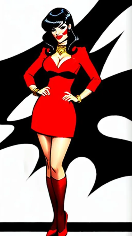 Prompt: head-to-toe, full-body drawing of a beautiful woman with dark black hair and a red dress. She is wearing a red domino mask like that of Robin. She is drawn in the comic-book style of Adam Hughes