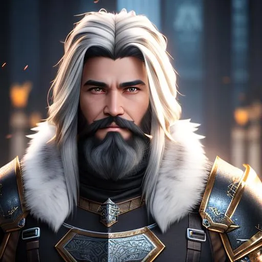 Prompt: half body picture Unreal Engine 5 128K UHD Octane, fractal, pi, realistic adult man, northren, steel armor with more detailed, steel bracers detailed, fur cloak, long hair and long beard, warrior, face detailed