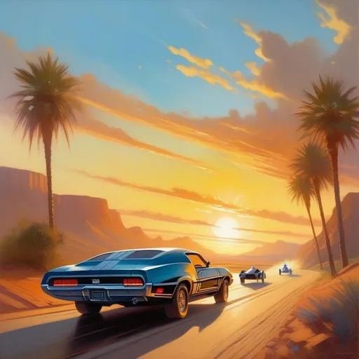 Prompt: Star Wars, car chase, cartoony, sunny atmosphere, extremely detailed painting by Greg Rutkowski and by Henry Justice Ford and by Steve Henderson