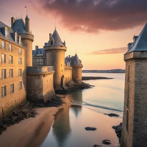 Prompt: Historic walled city of St Malo at sunset, golden hues, overlooking the tranquil sea, detailed architecture, high dynamic range, realistic, highres, sunset glow, coastal scene, medieval fortress, French landmark, scenic view, ancient cobblestone streets, serene atmosphere, HDR, 4k, atmospheric lighting