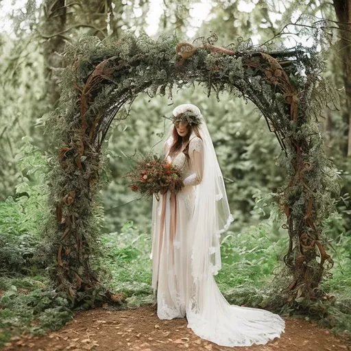 Prompt: a brilliantly detailed art nouveau style wedding arch with forest and ethereal elements